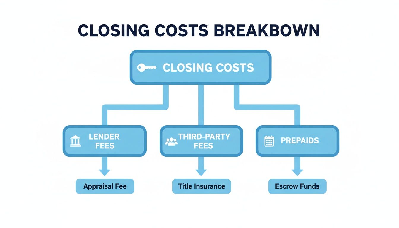 A flowchart detailing closing costs, breaking them down into lender fees, third-party fees, and prepaids.