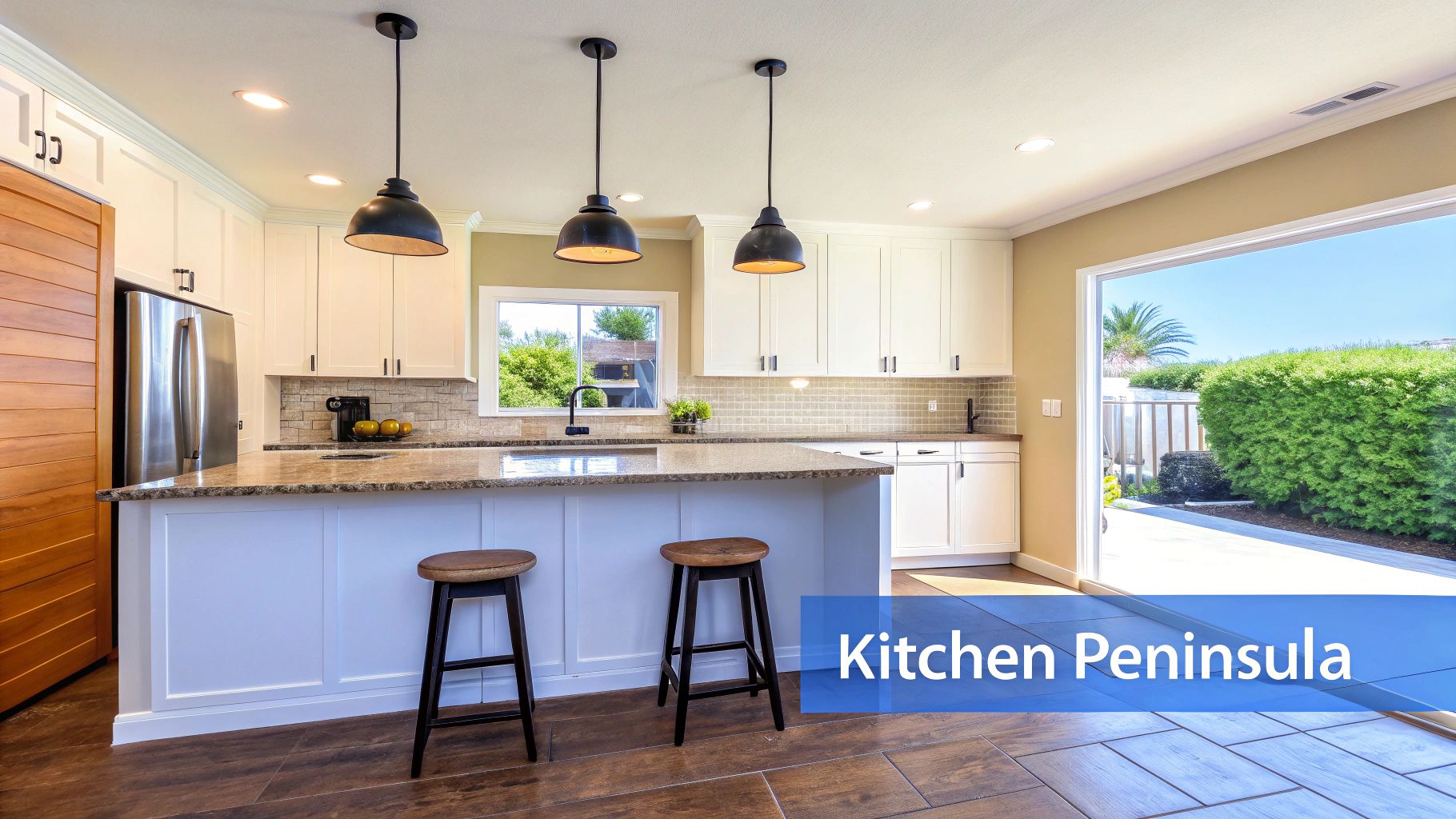 A bright, modern kitchen featuring white cabinets, a large granite peninsula, and outdoor patio access.