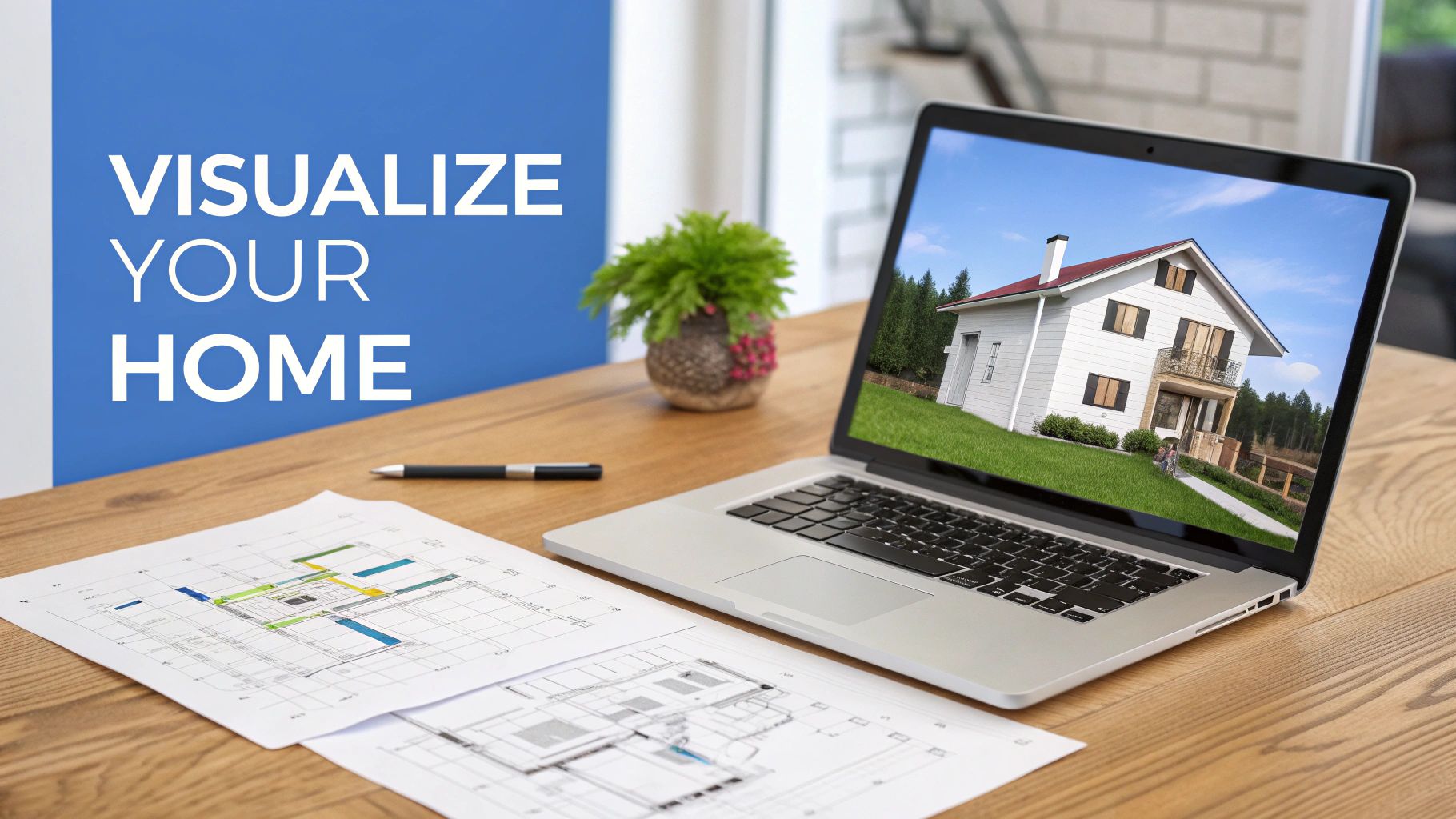 Laptop displaying a 3D house rendering, blueprints, and a plant on a wooden desk, with 'VISUALIZE YOUR HOME' text.