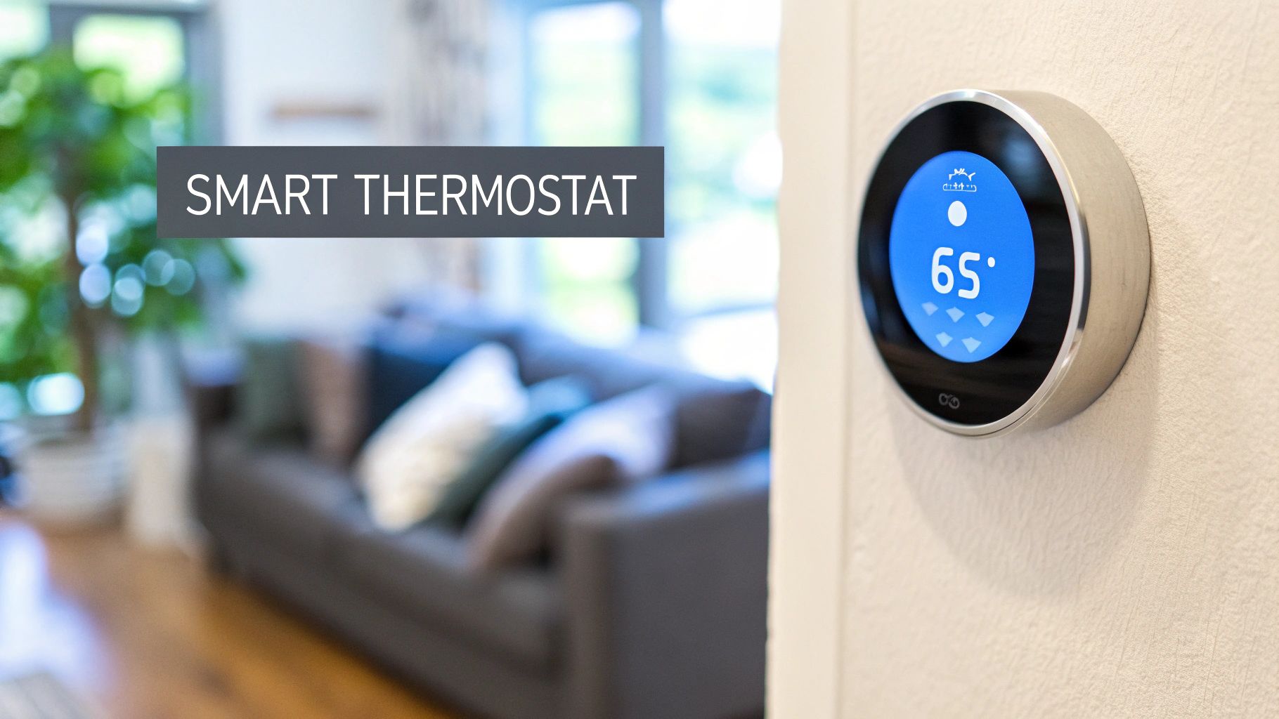 A smart thermostat on a wall inside of a home, a couch and a indoor potted tree is in the background with brown wood floors.