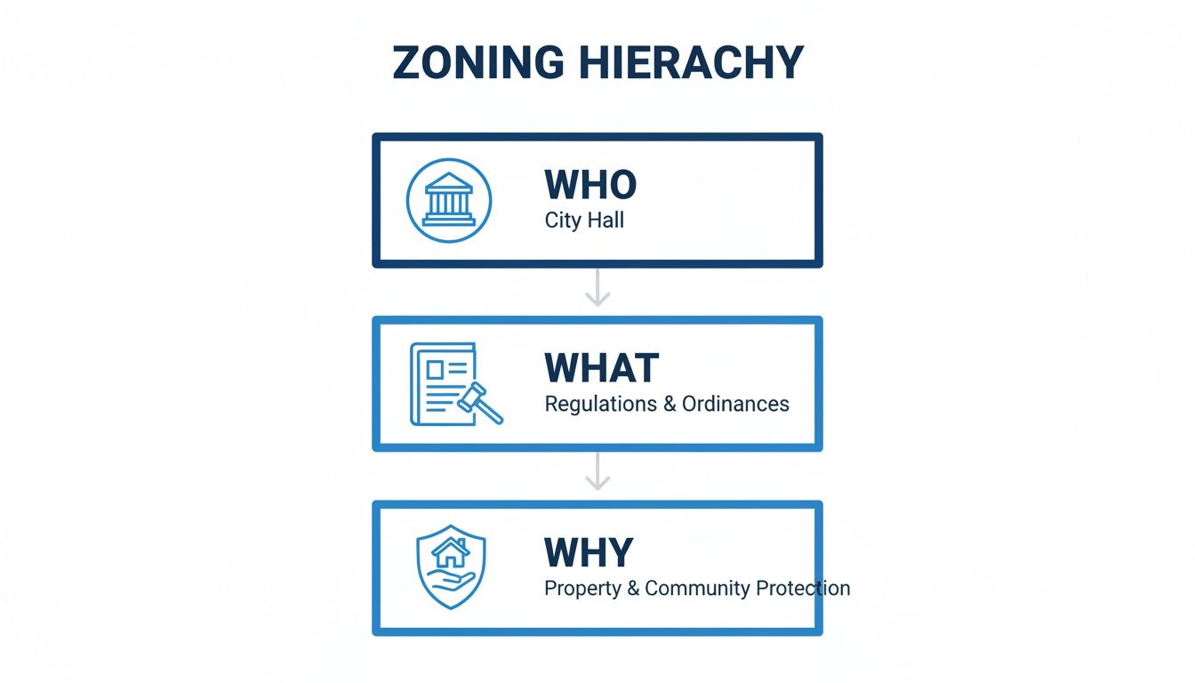 Zoning Hierarchy flowchart showing WHO (City Hall), WHAT (Regulations), and WHY (Community Protection).