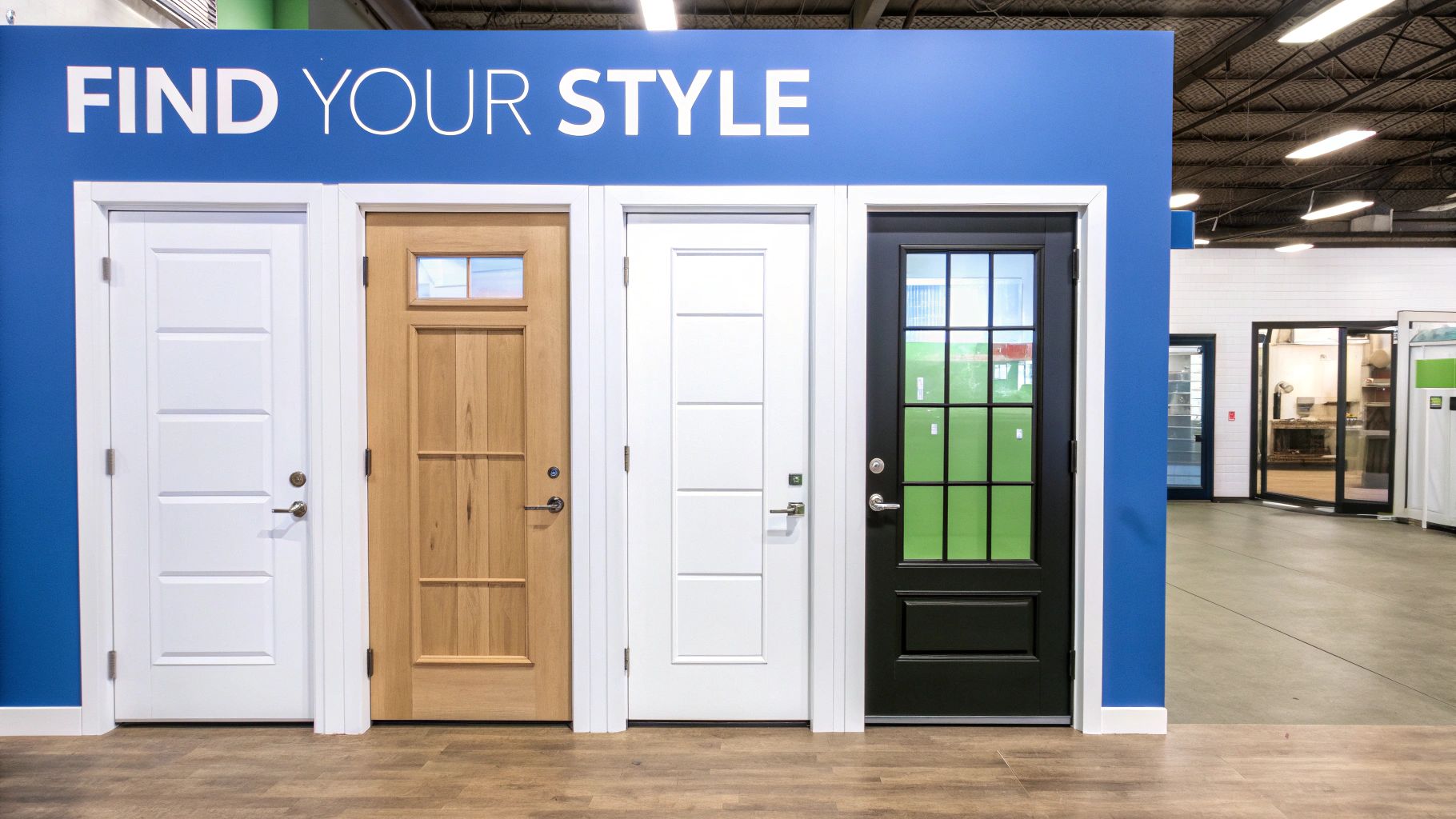 A showroom display features four distinct interior doors: two white, one natural wood, and one black.