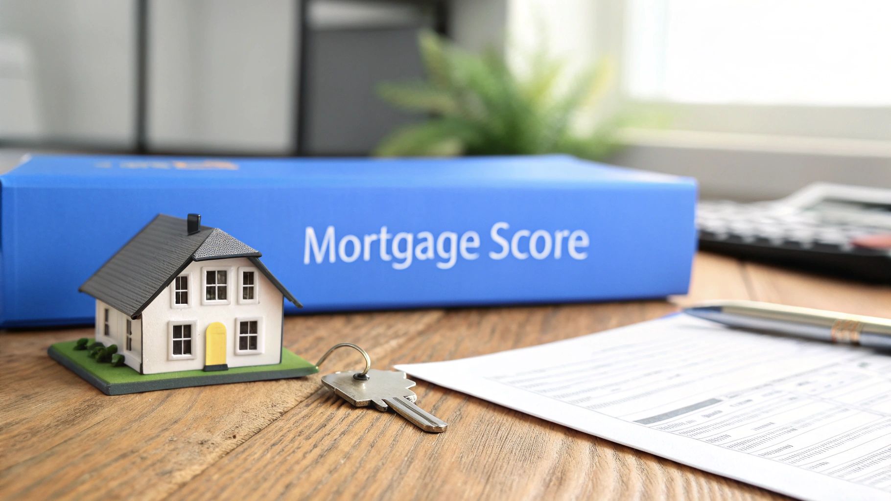 A small model house next to a key and mortgage application papers on a wood desk with a blue book on it that says mortgage score.