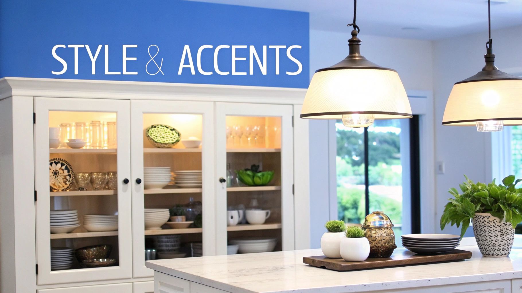 Modern kitchen with white display cabinets, pendant lights, and island decor under blue wall.