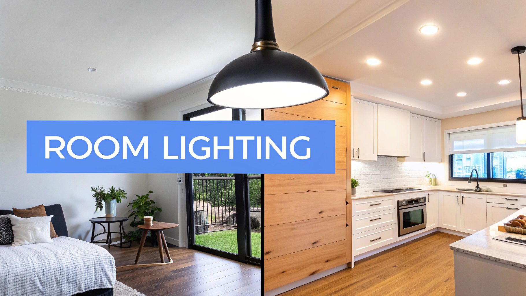 A modern living room and kitchen featuring various lighting fixtures under a 'ROOM LIGHTING' banner.