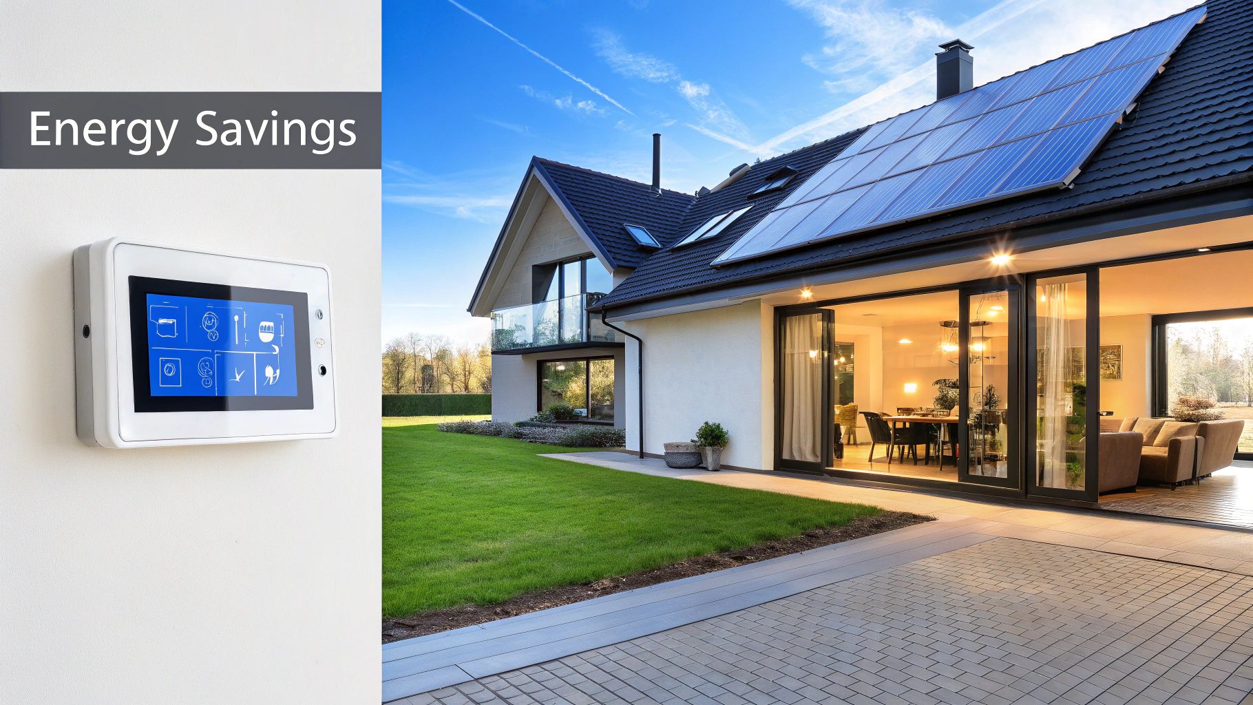 A smart thermostat on a wall next to a picture of a house with solar panels that is white and words on the wall that says energy savings.