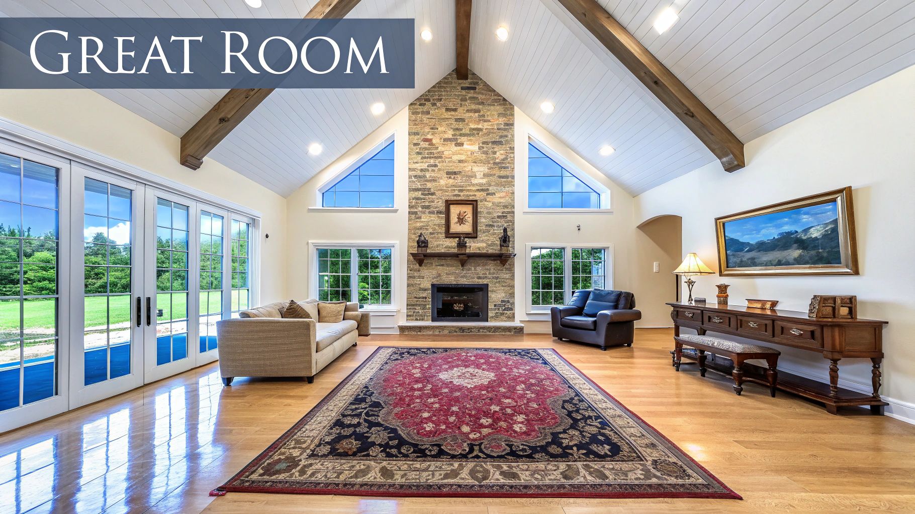 A spacious great room with vaulted ceilings, a stone fireplace, large windows, and hardwood floors.