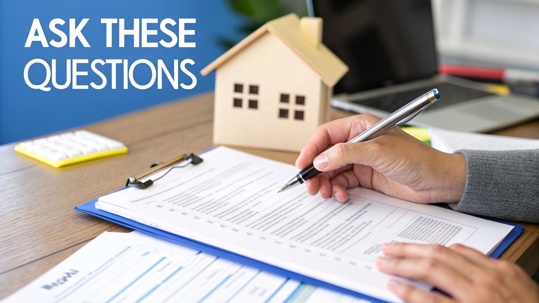 A persons hand with a pen filling out a paper on a wood desk with a small model house on the table and words on the image that says ask these questions.