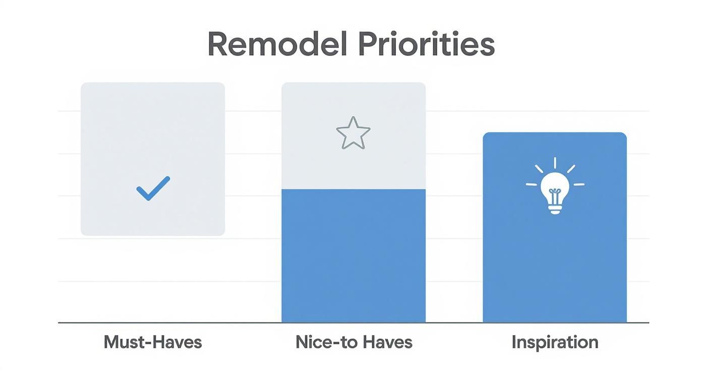 Infographic showing how to prioritize remodel features into Must-Haves, Nice-to-Haves, and Inspiration categories.