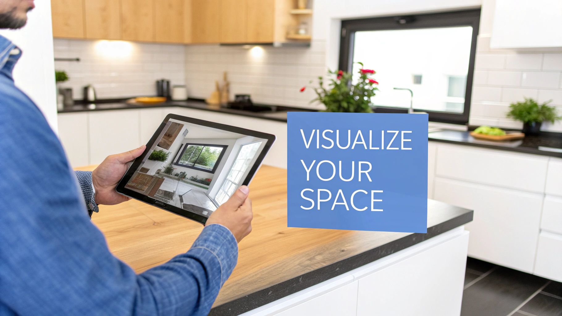 A person examining countertop samples in a kitchen setting.