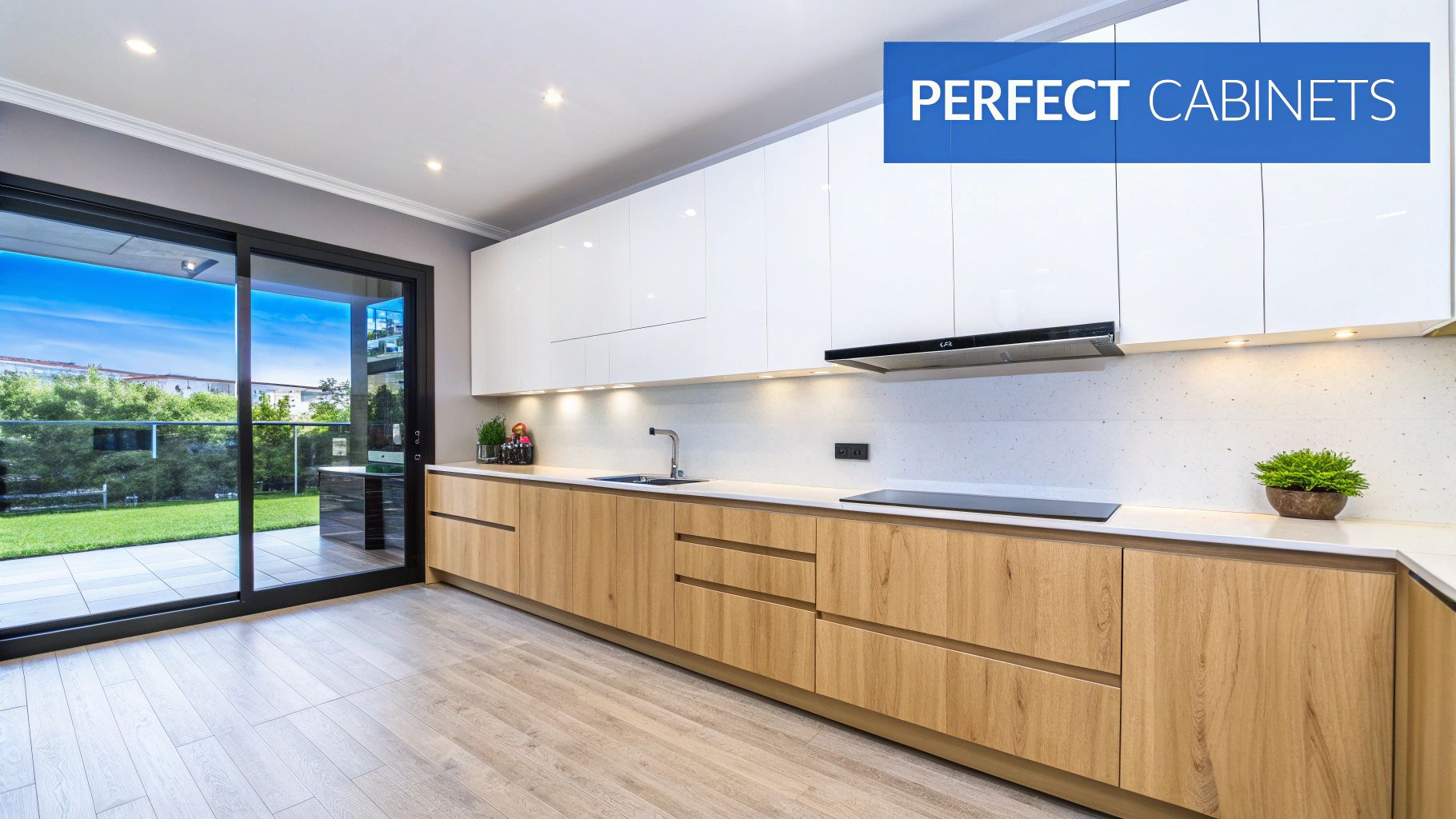 A sleek, modern kitchen with white upper cabinets, light wood lower cabinets, and a green backyard view.