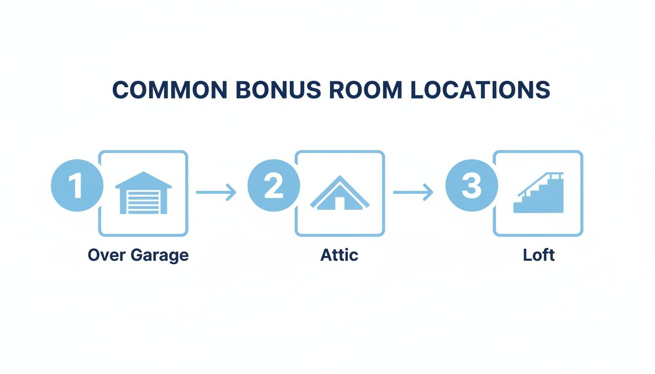 An infographic showing three common bonus room locations: over a garage, in an attic, and as a loft.