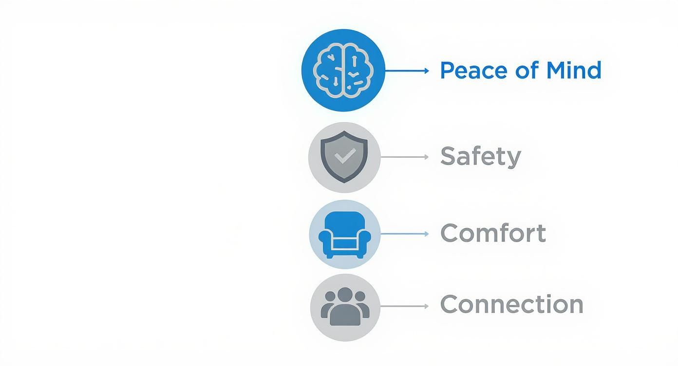 Four icons representing key benefits: Peace of Mind, Safety, Comfort, and Connection for seniors.