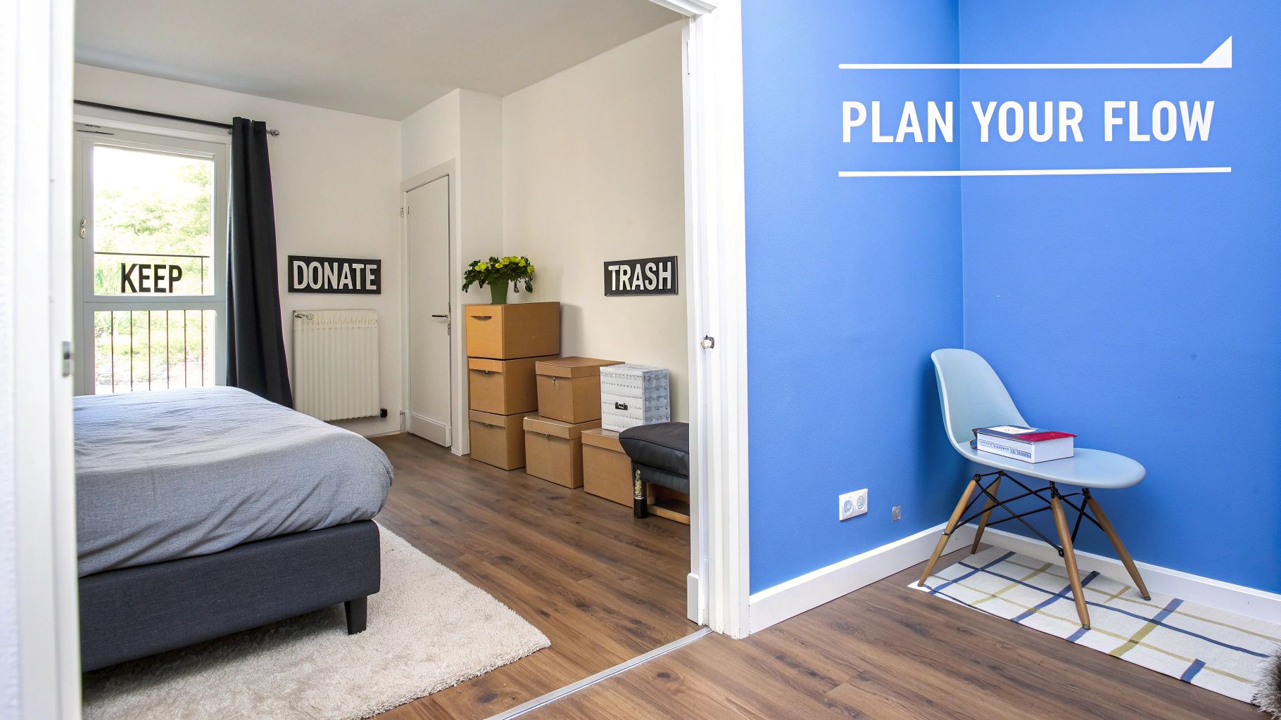 A bedroom being organized with signs for 'KEEP,' 'DONATE,' and 'TRASH' next to sorted boxes.