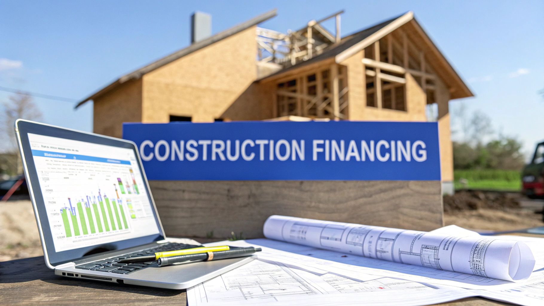 A single family home being framed outside on a sunny day with words on the image that says construction financing.