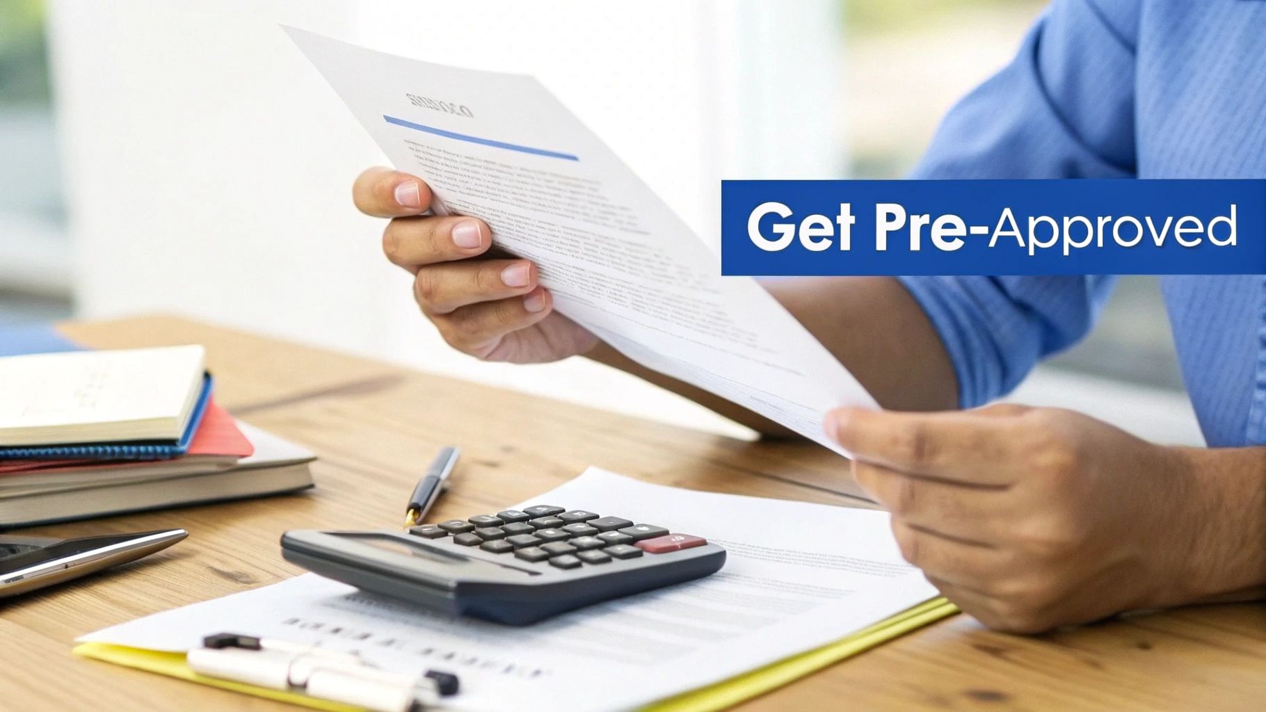 Person reviewing financial documents on a desk with a calculator and pens, featuring 'Get Pre-Approved' text.