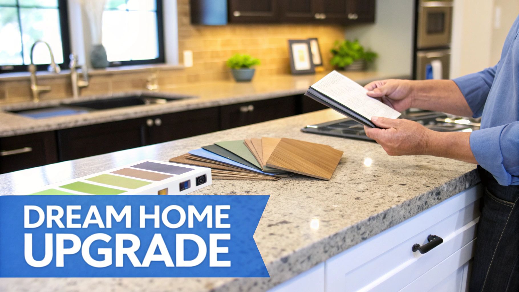 A person reviews material samples for a dream home kitchen upgrade on a granite countertop.