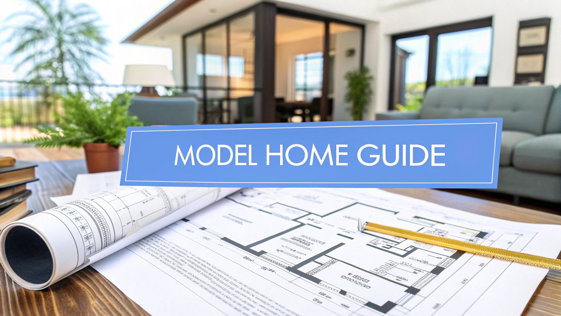 Blueprints on a wood table in front of a single family home outside on a sunny day with words on the image that say model home guide.