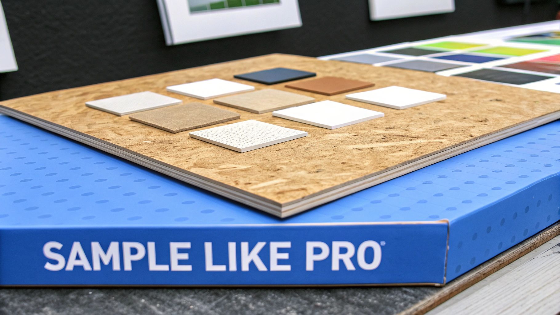 Close-up of a display board with various square material samples for design and selection.