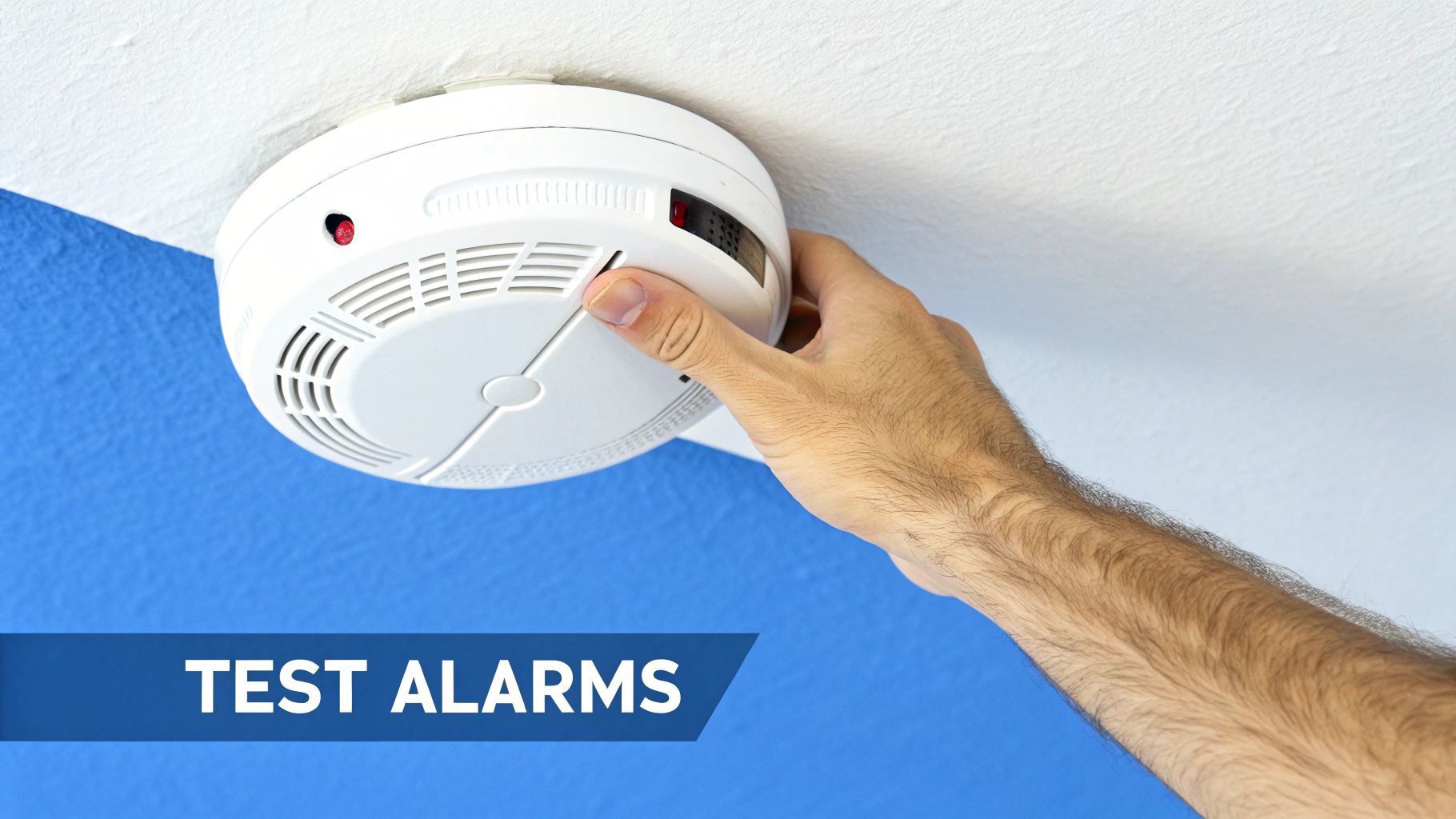 A man's arm testing a celing mounted smoke and carbon monoxide detector.