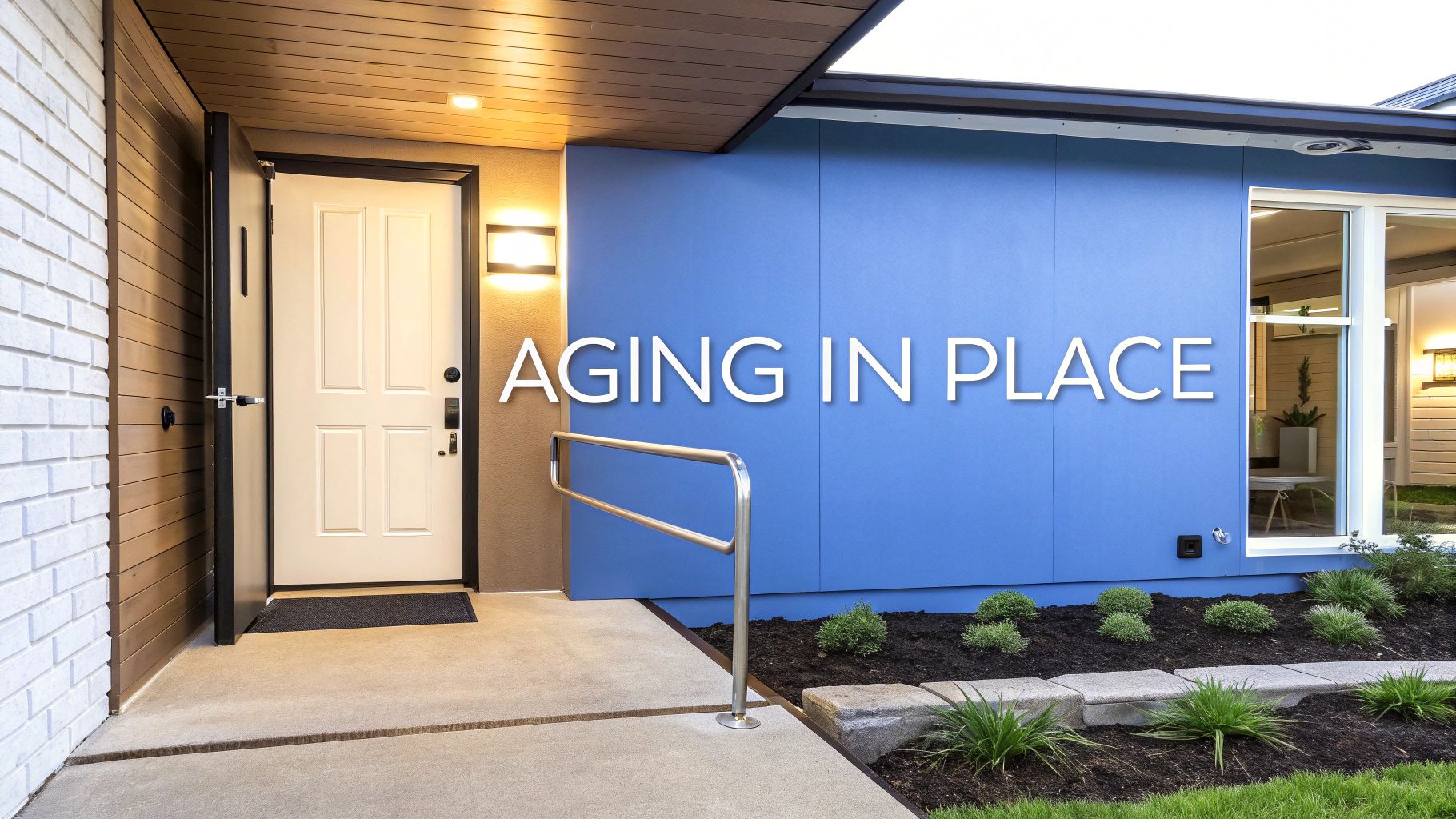 Front door entry way of a single family home that has a handrailing installed and words on the image that says aging in place.