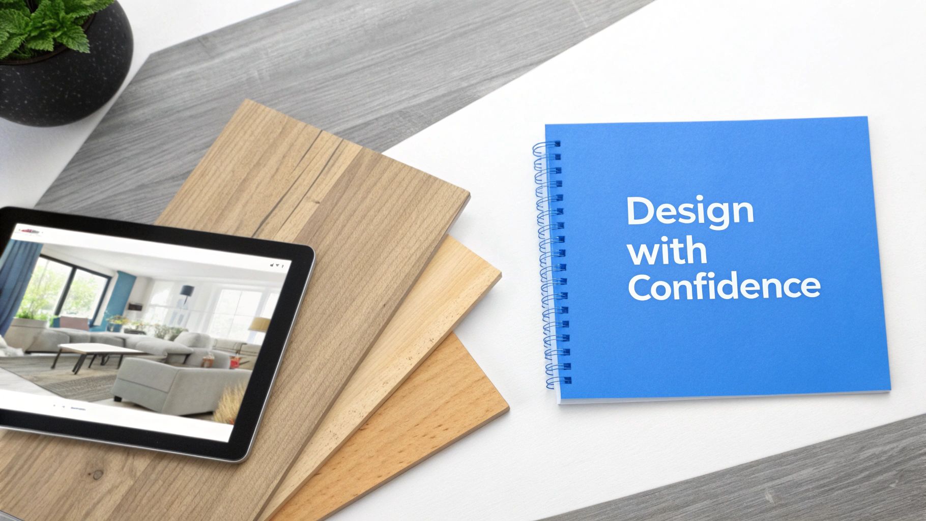 Overhead view of a tablet displaying an interior design, with various wood samples and a 'Design with Confidence' notebook.
