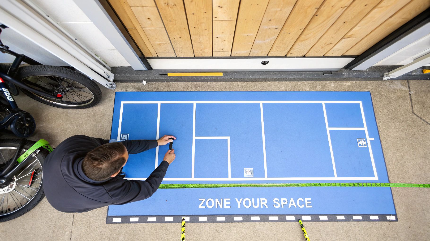 A well-planned garage layout with clear zones for different activities.