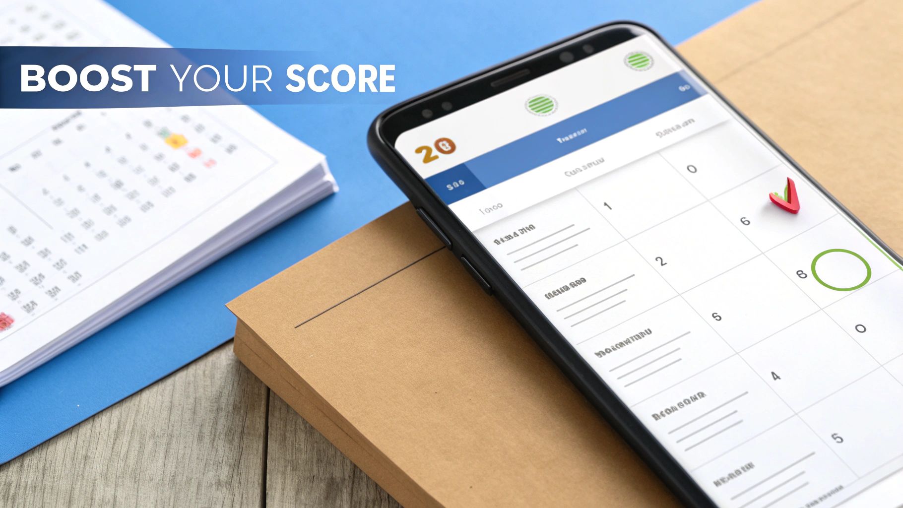 A picture of a smart phone laying on a table next to a calendar on the table with words on the screen that say boost your score.
