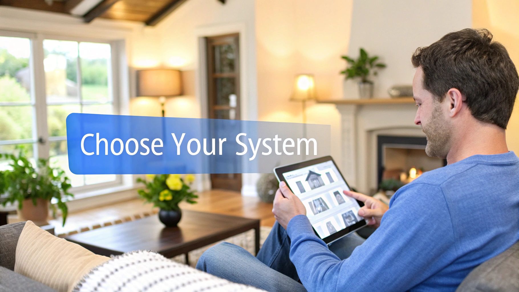 A man using a tablet to control the smart home features in his home while sitting on a couch in a living room of a home with words on the screen that says choose your system.