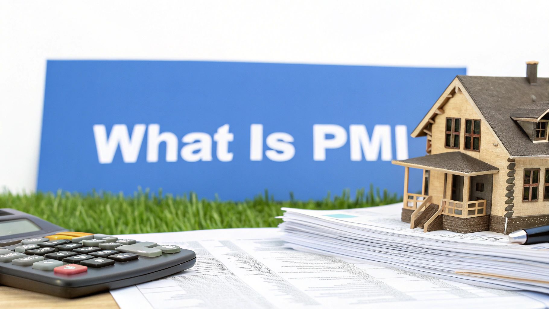 A small model house on top of a stack of papers next to a calculator with words on the image that says What is PMI.