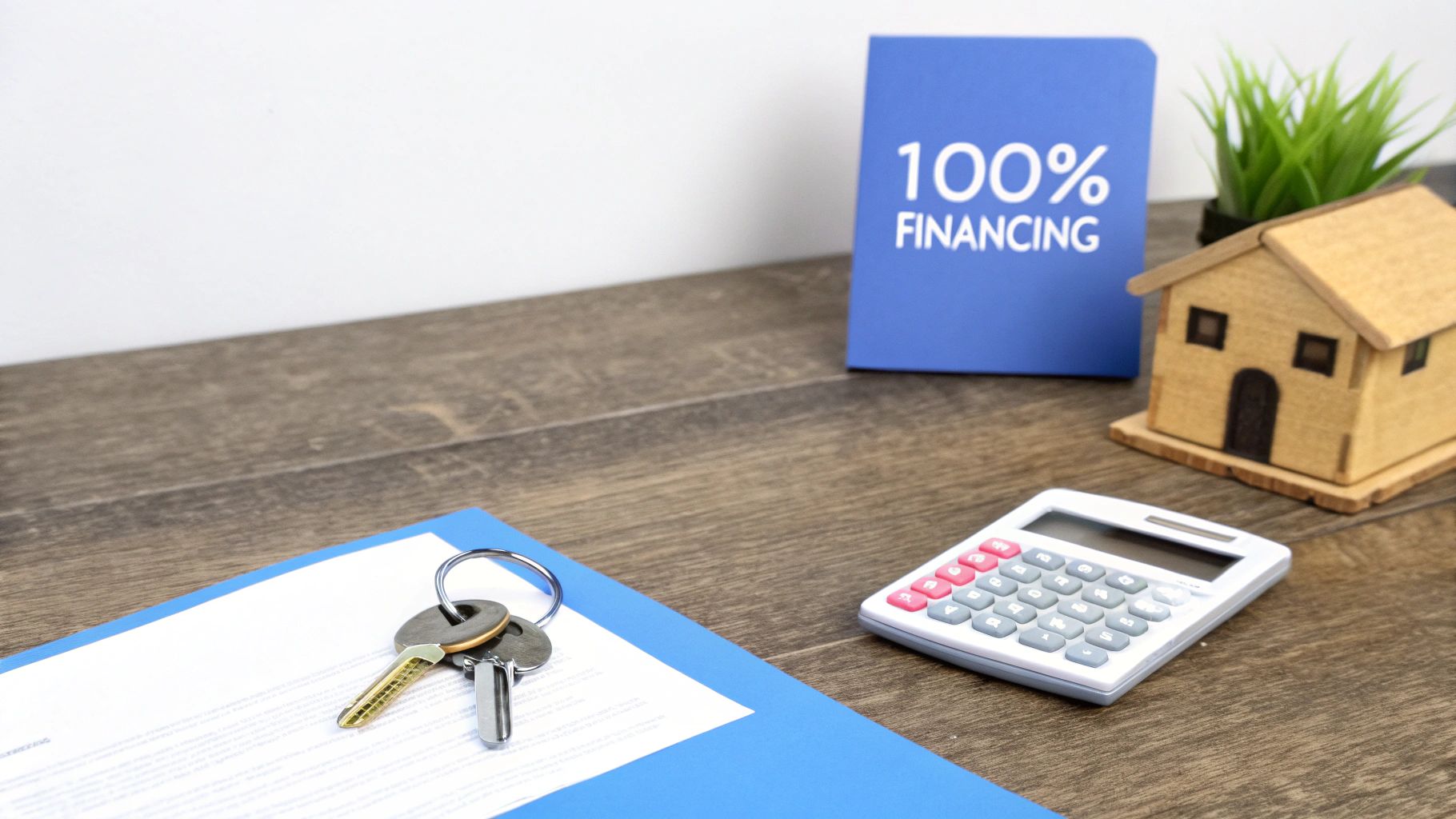 Desk with a '100% FINANCING' sign, miniature house, calculator, and house keys.