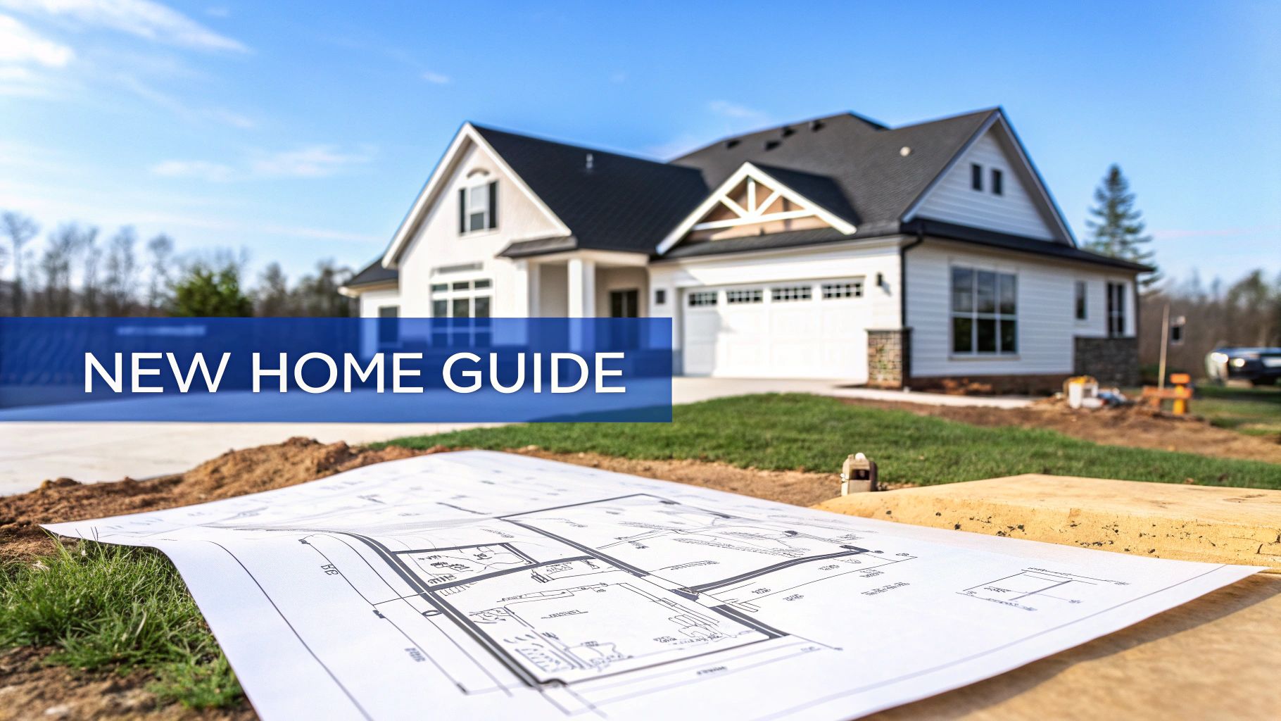 A newly built single family home outside on a sunny day with blueprints laying on the grass in front of it with words on the image that says new home guide.