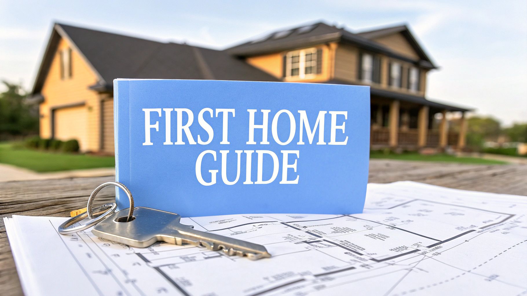 Blueprints outside on a table in front a single family home with words that say first home guide.