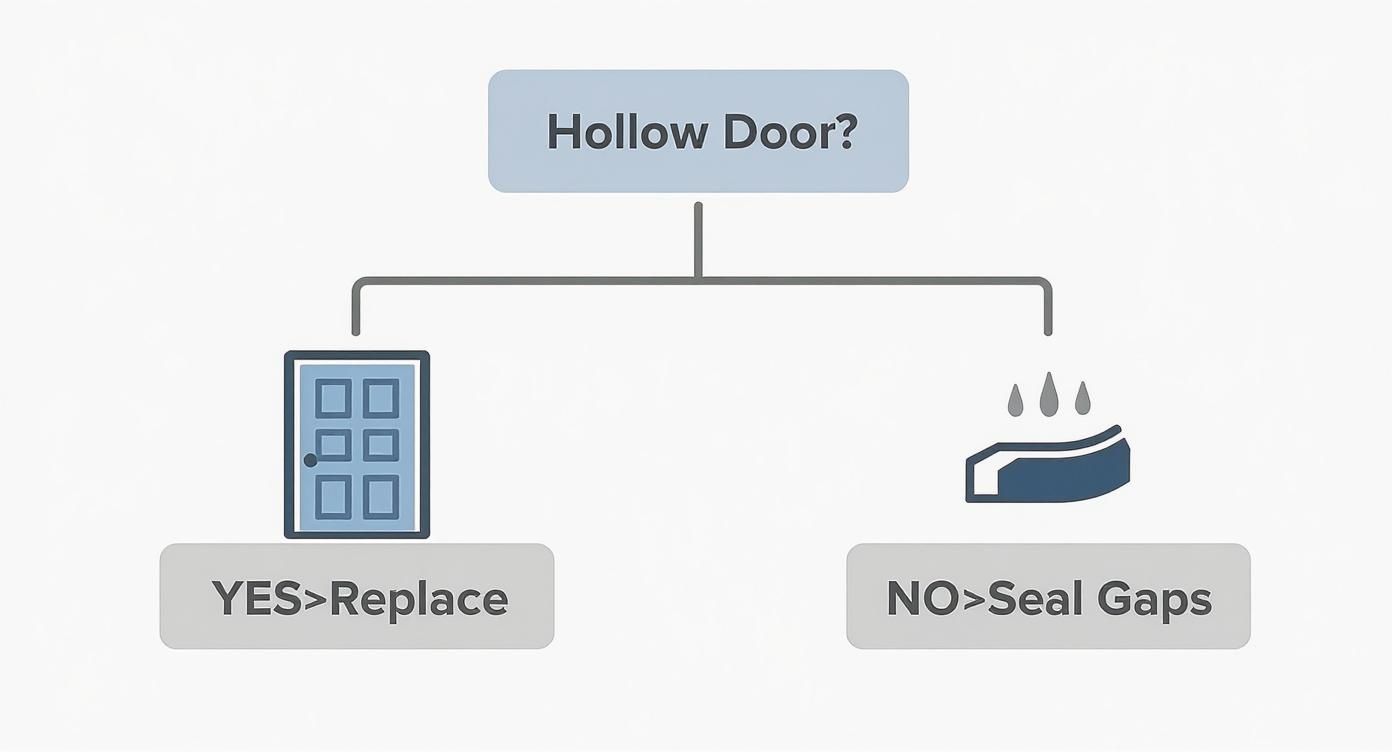 An infographic decision tree for soundproofing a door, asking if the door is hollow. If yes, it suggests replacing the door. If no, it suggests sealing the gaps.