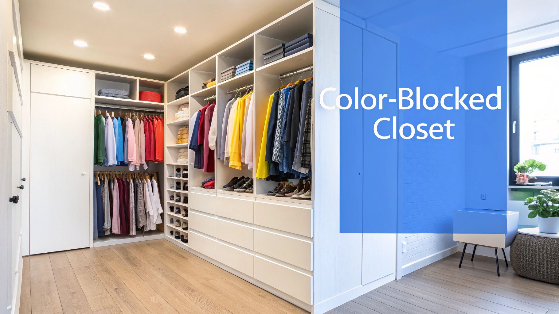 A picture of a custom walk in closet with clothing colors blocked together.