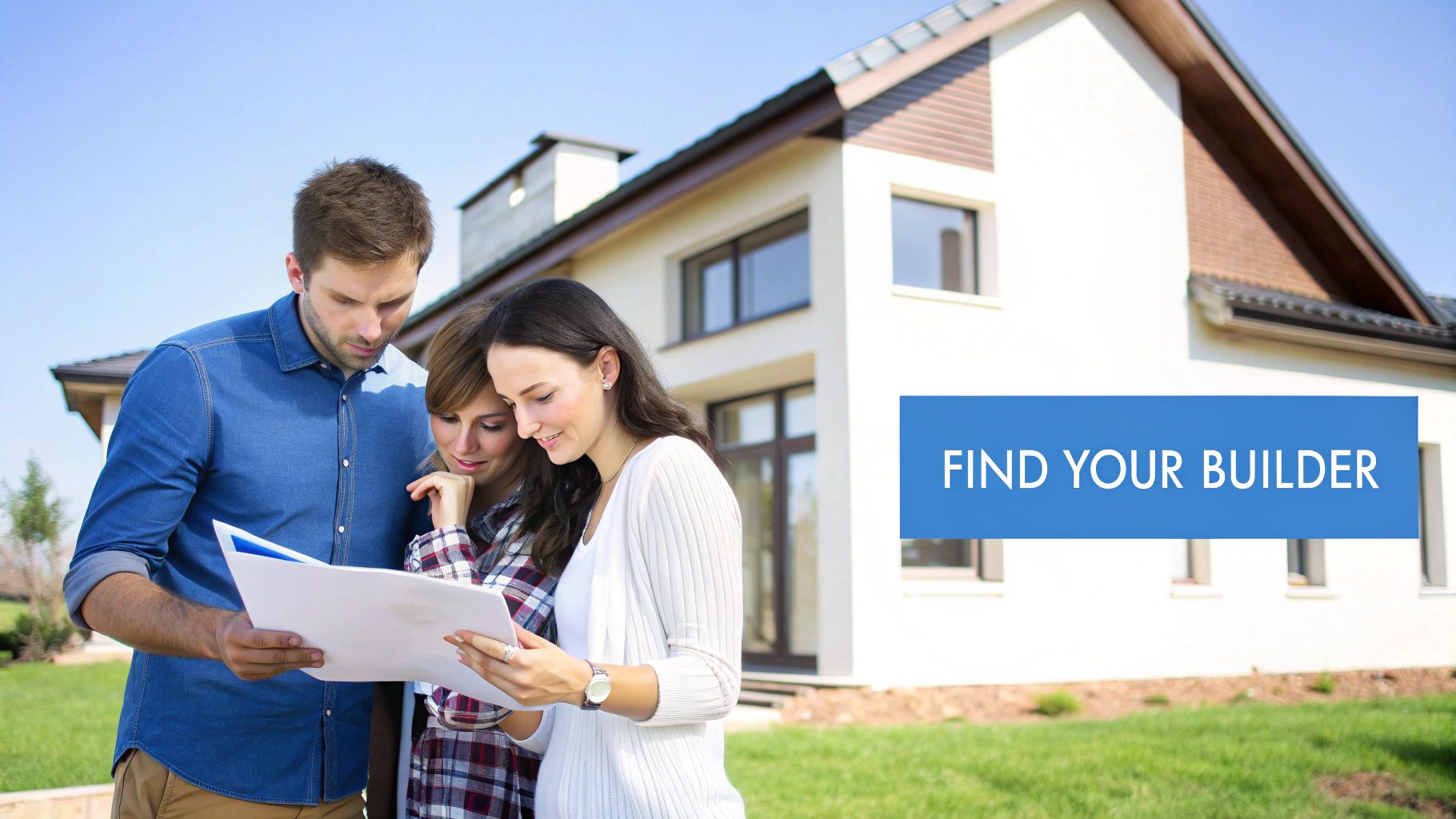 A family looking at blueprints with a home builder