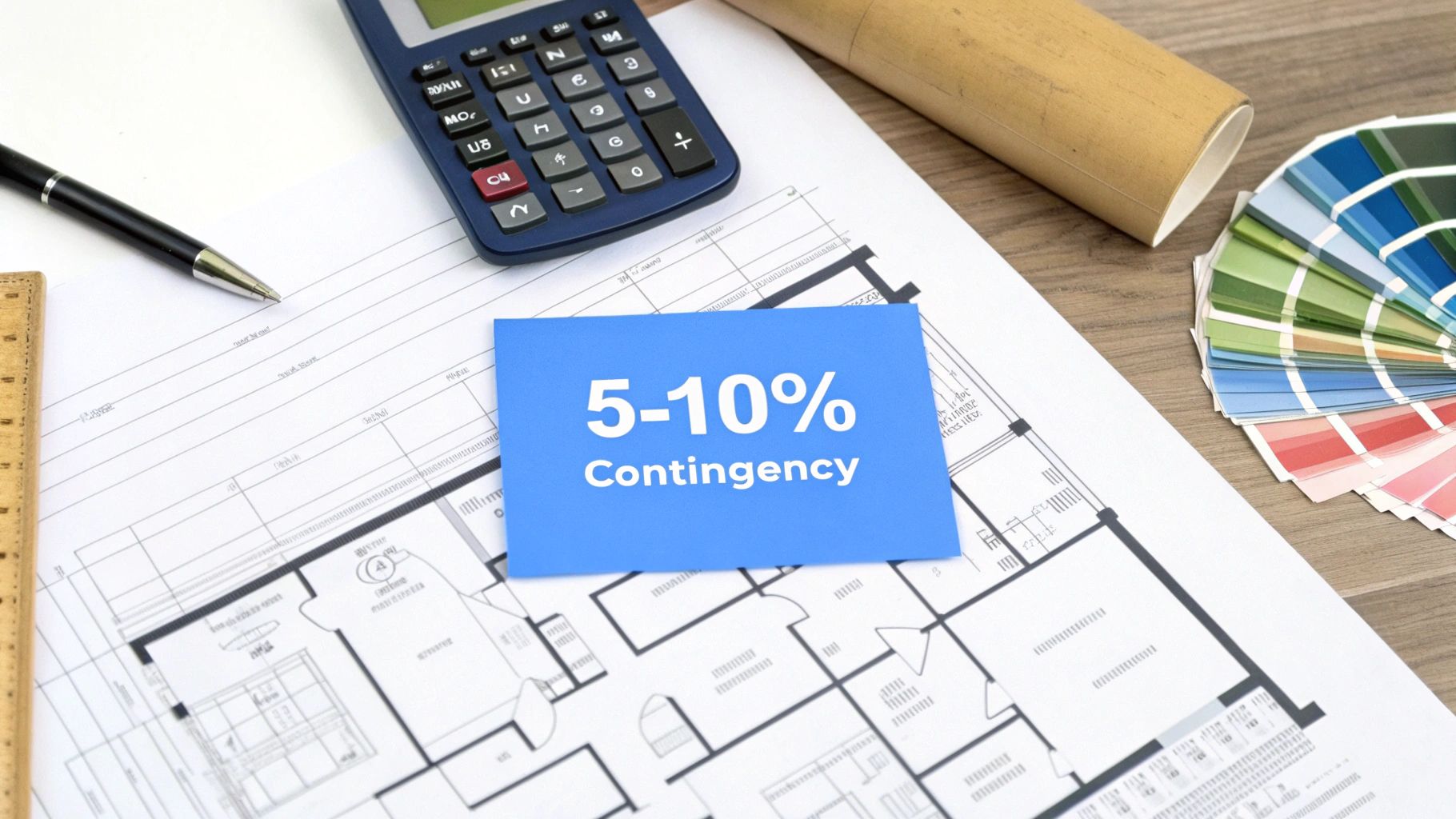 A calculator and a measuring tape on top of a construction blueprint, illustrating the calculation of a contingency fund.