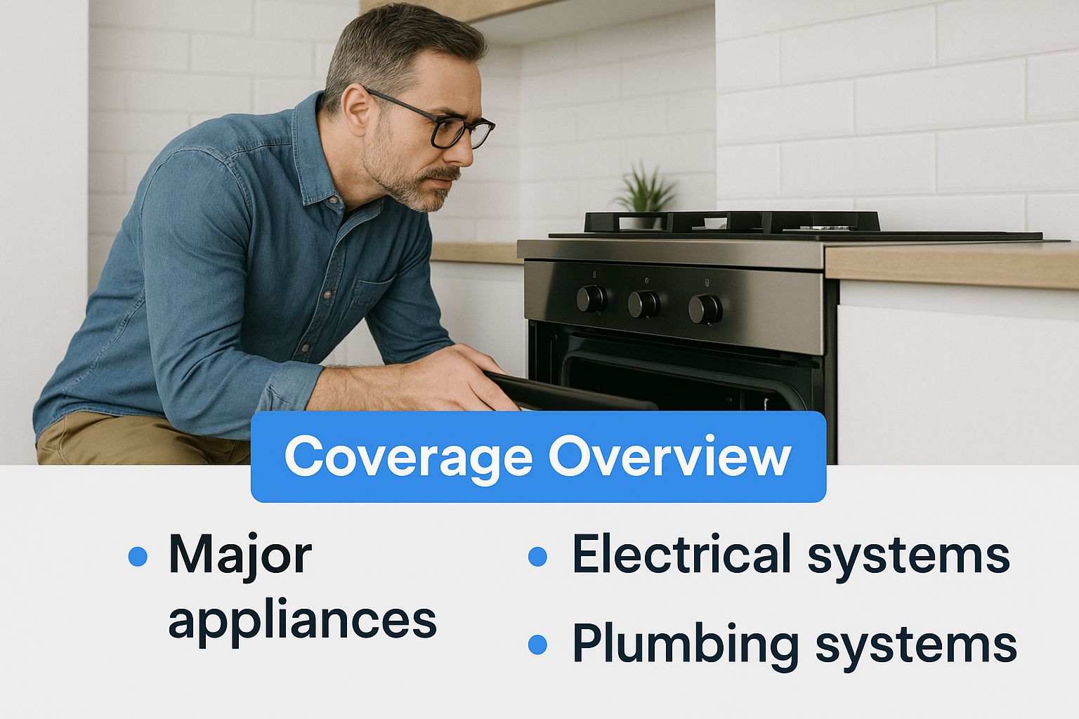 A man looking into a oven to see what is wrong with words on the image that says: coverage overview, major appliance, Electrical, plumbing