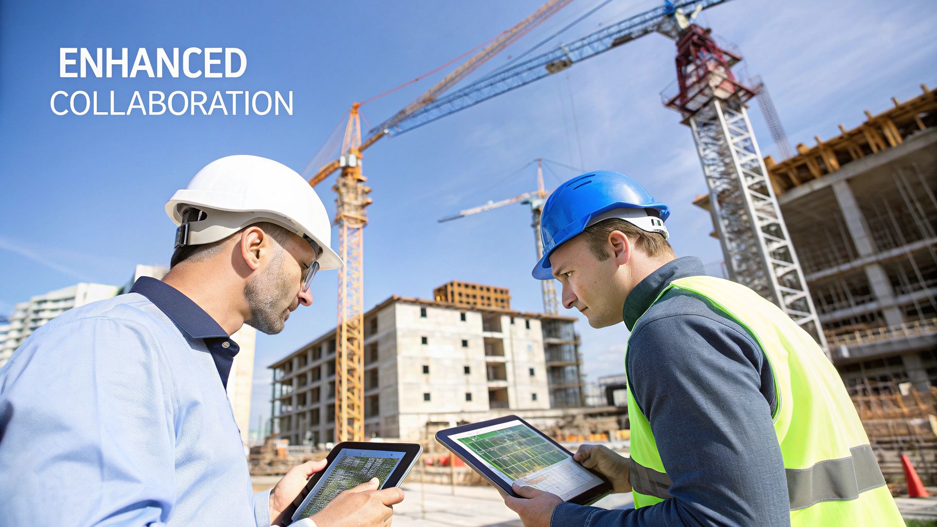 Two men in hard hats at a high rise construction project standing outside looking at tablets with buildings being constructed in the background with tall cranes above them.