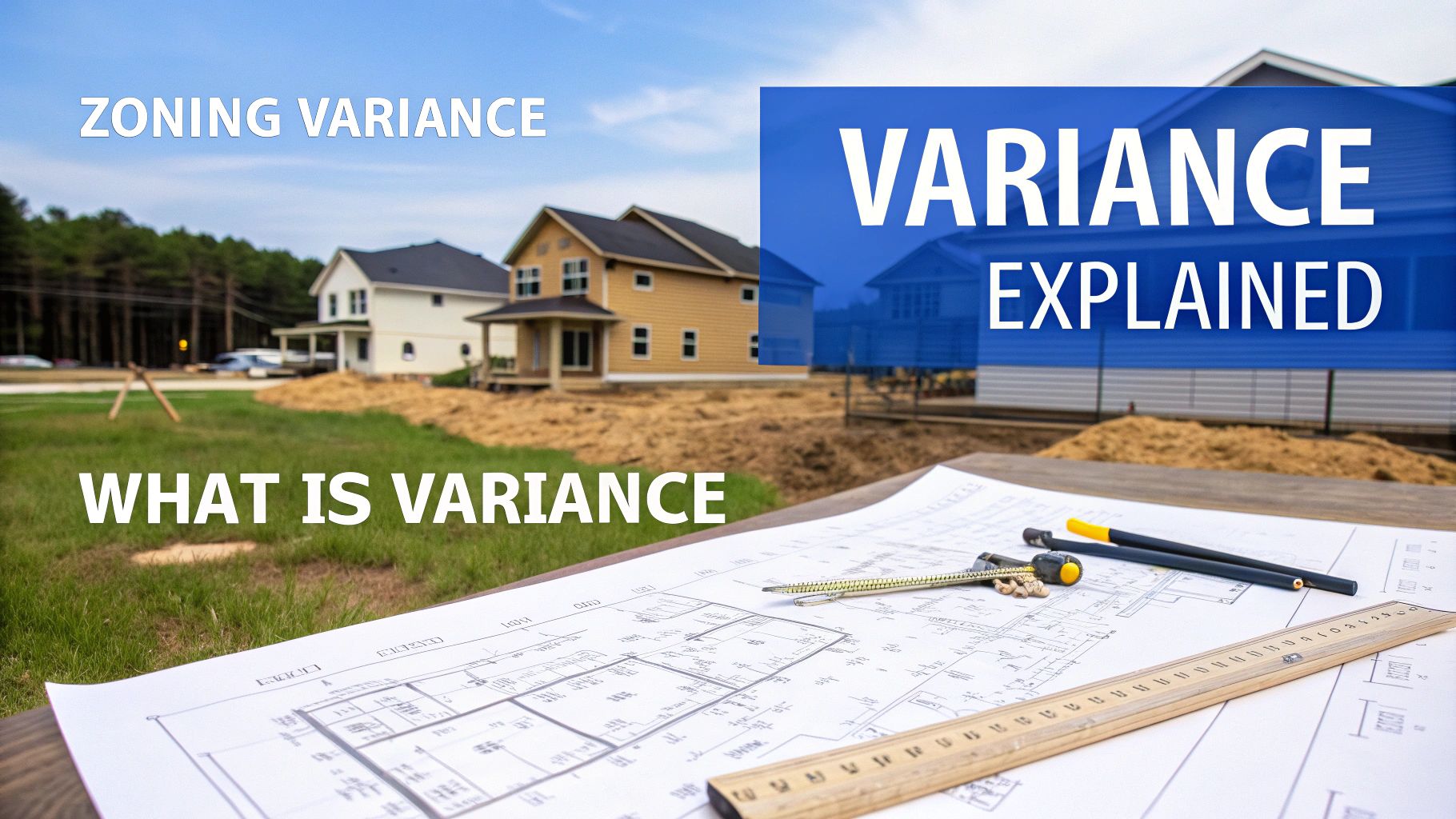 A picture of three single family homes being built with blueprints on a table outside on a sunny day with words on the image that says variance explained.