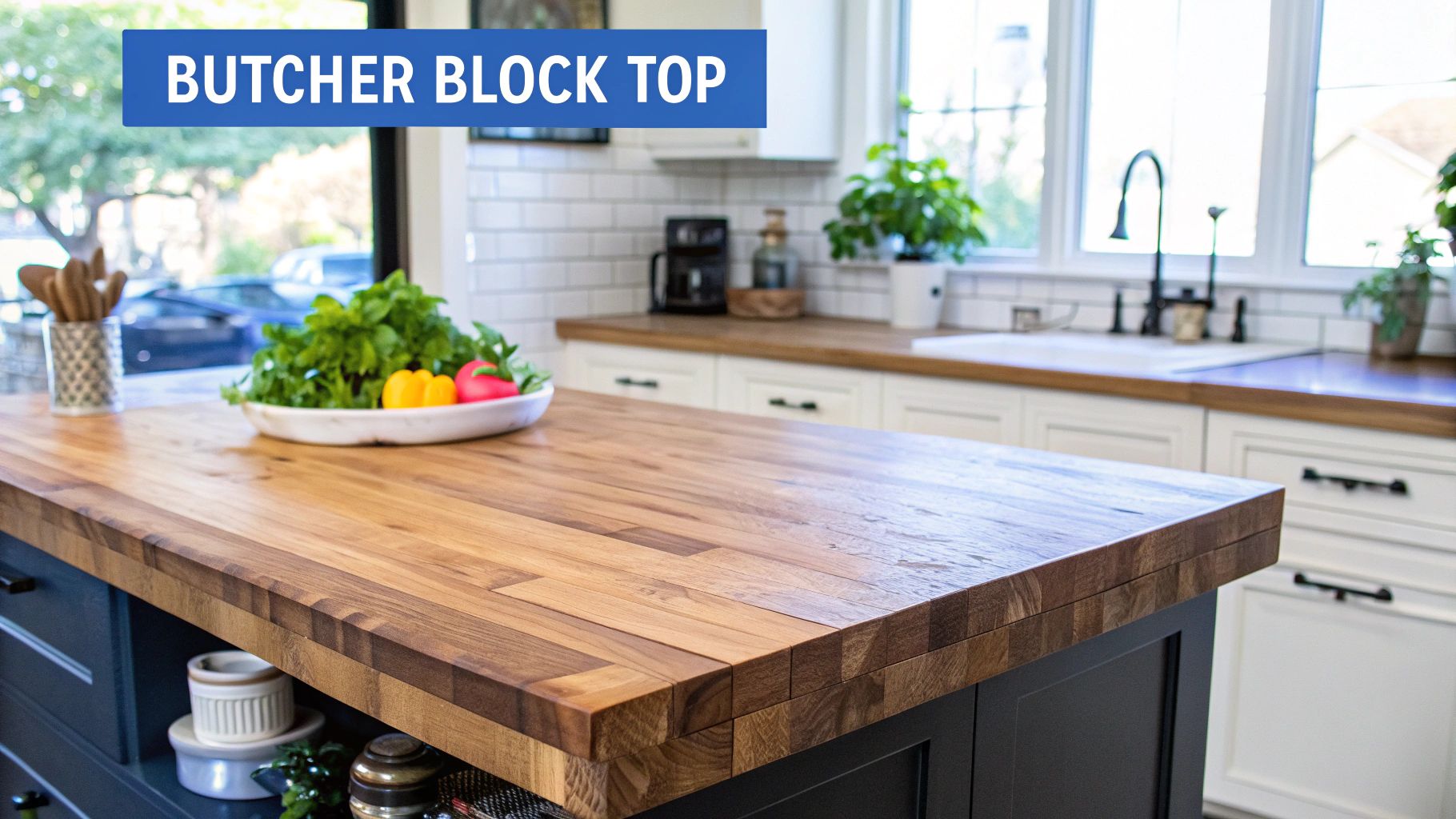 A kitchen with white cabinets and an island with blue cabinets with a butcher block countertop throughout the kitchen and island. There are words on the image that say butcher block top.