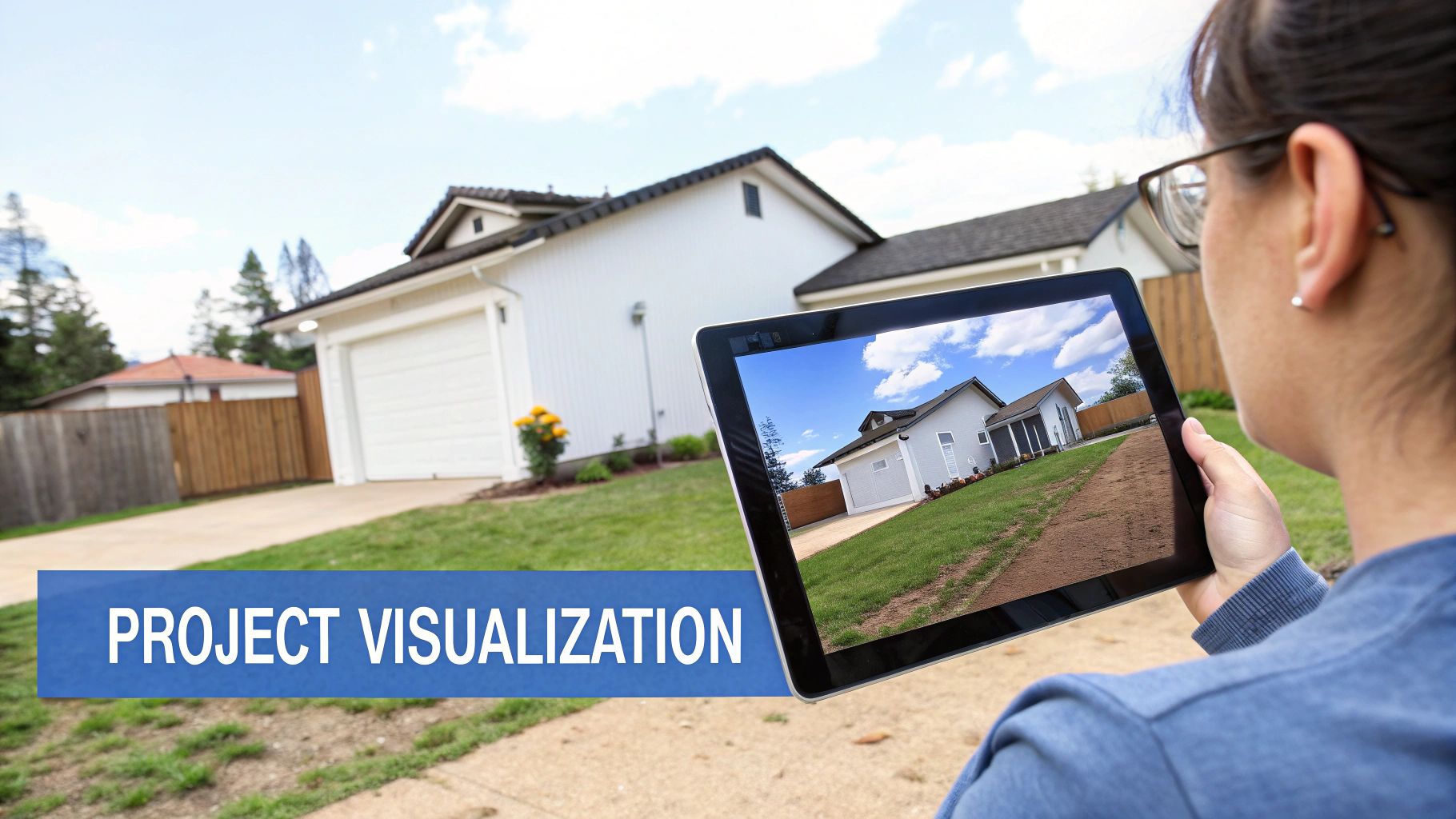 A person uses a tablet to visualize a renovated house design over the existing property, showing project visualization.