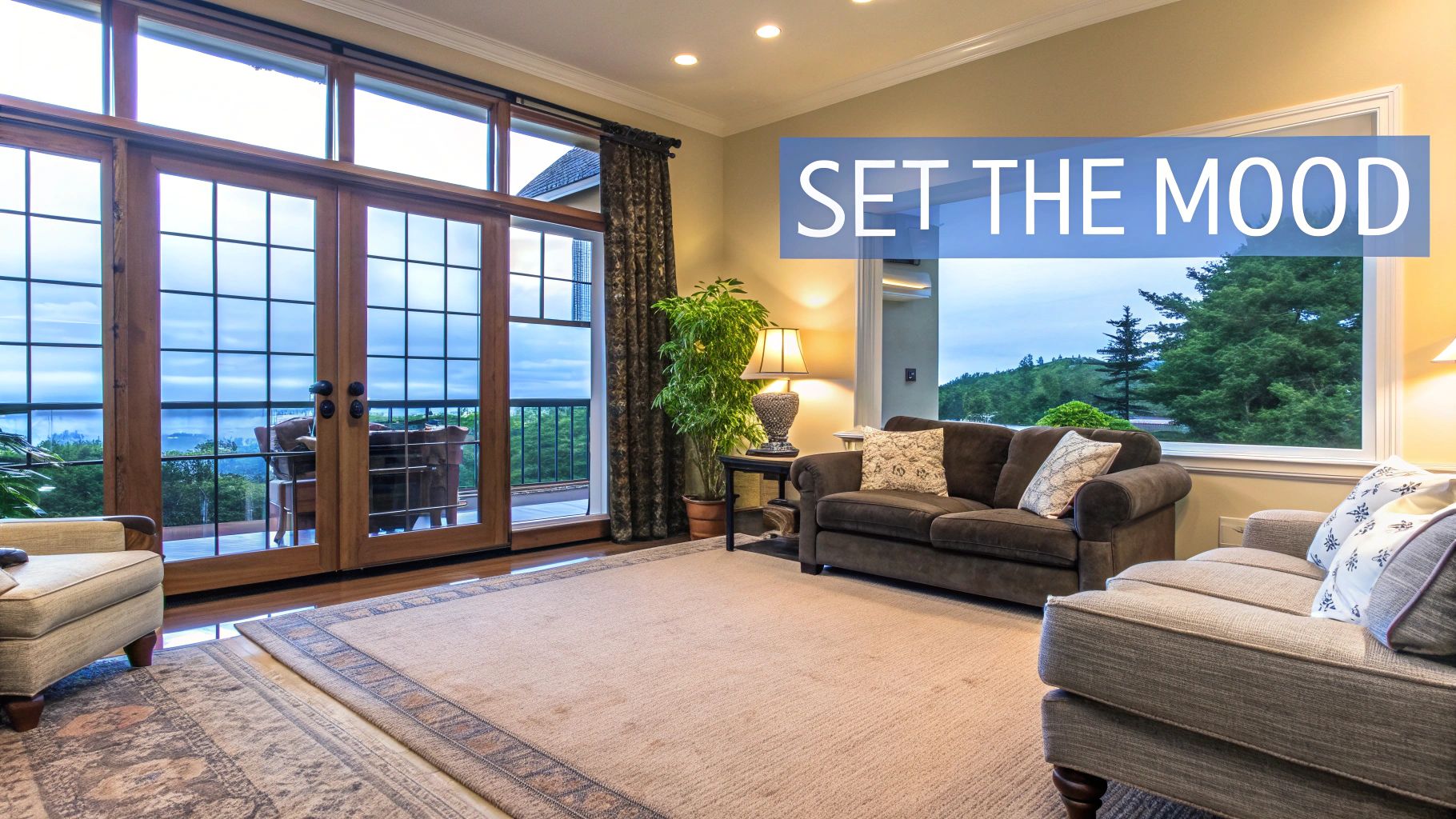 A picture of the inside of a living room with large sliding glass door couches and a taupe painted wall color with words on the image saying set the mood.