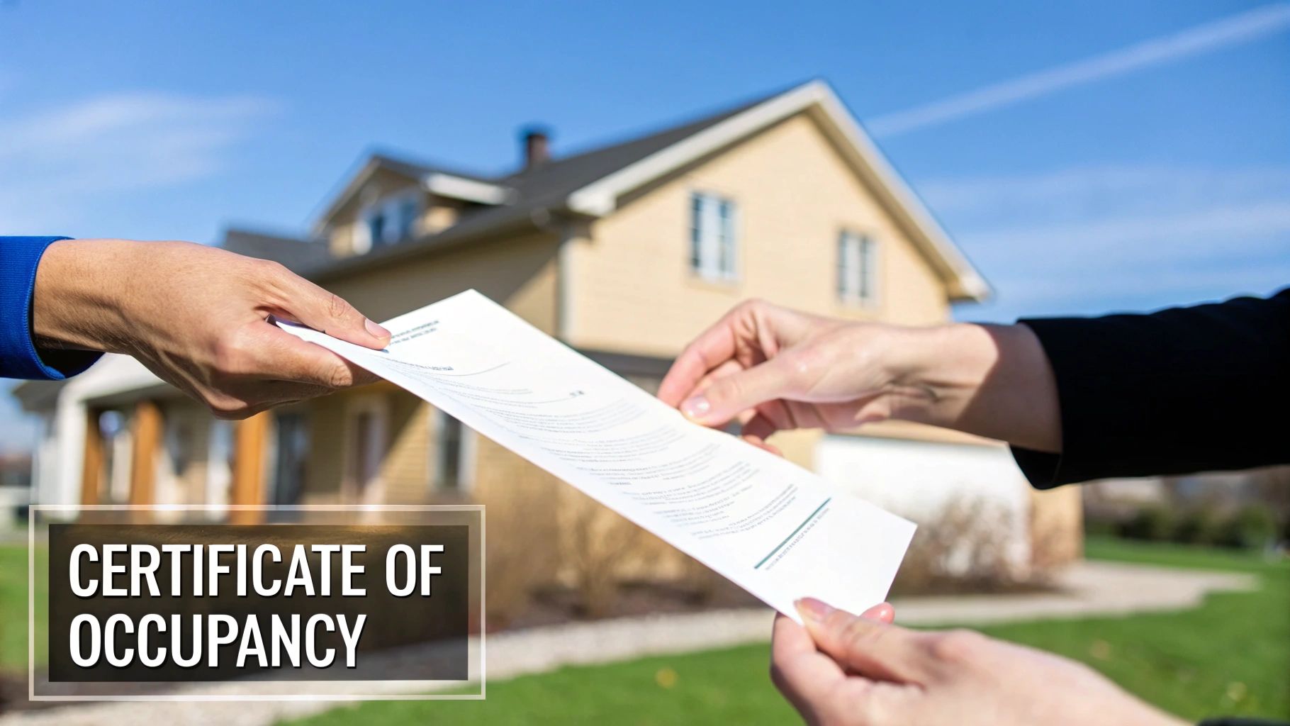 Hands exchanging a Certificate of Occupancy document in front of a residential house on a sunny day.