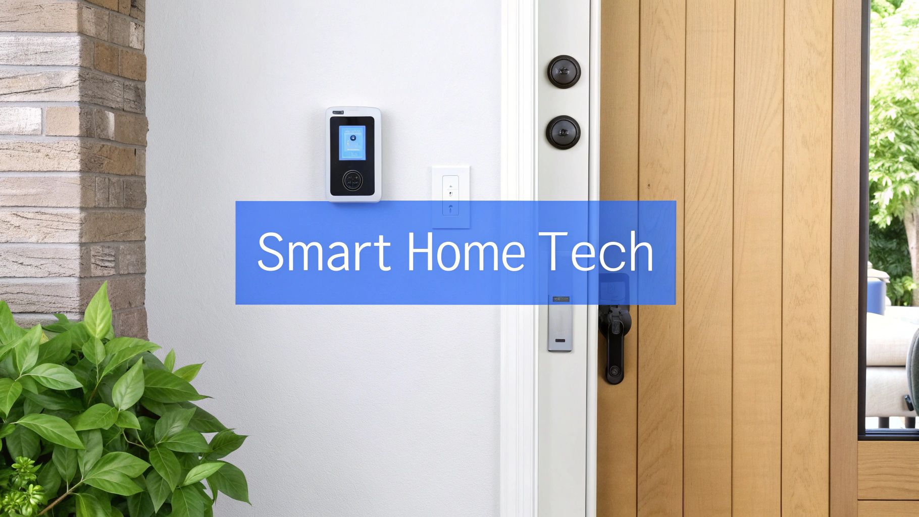 A modern smart home entrance featuring a control panel and smart light switch.