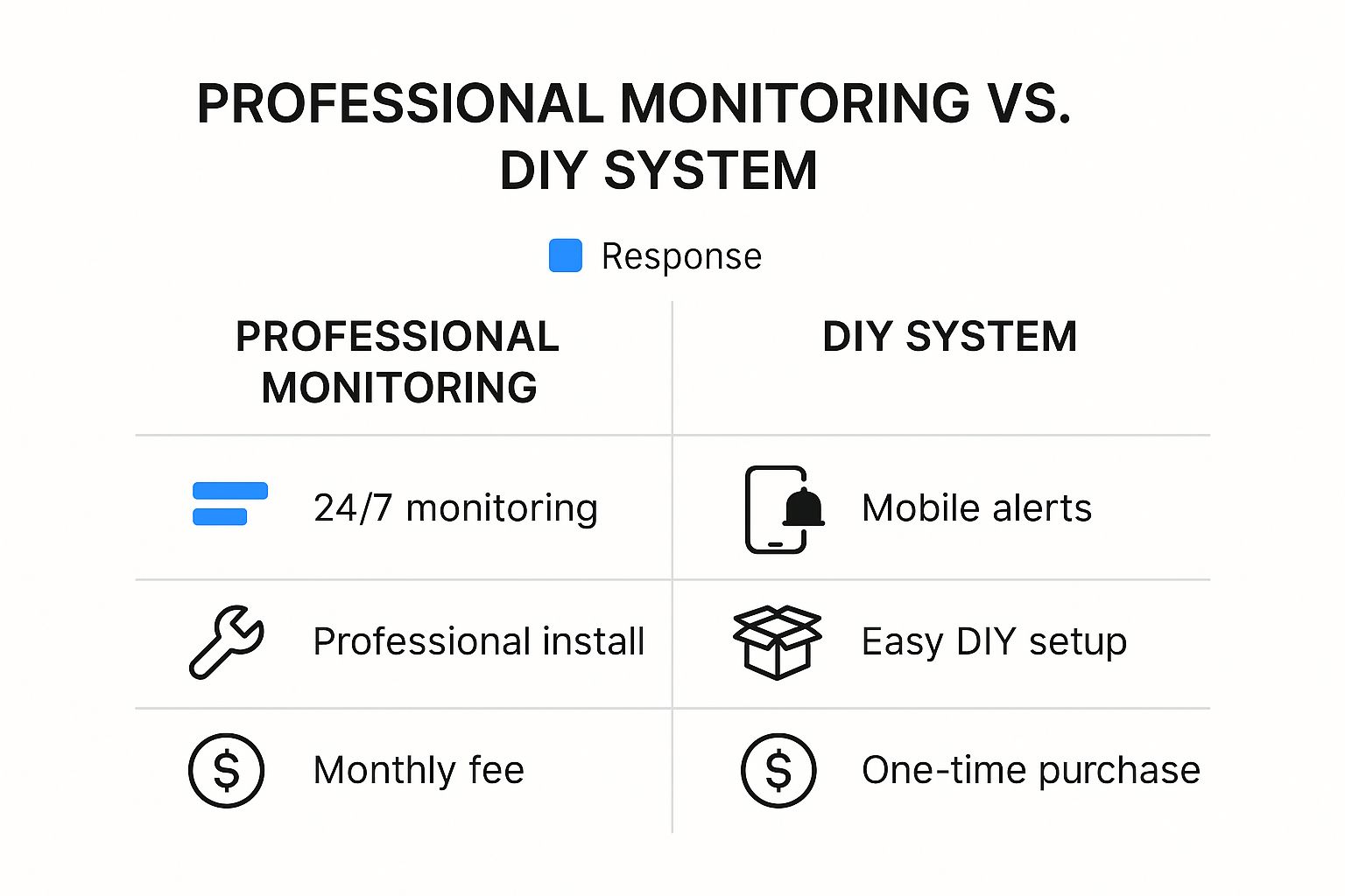 A chart showing the main differences of a DIY alarm system compared to a professionally monitored system.