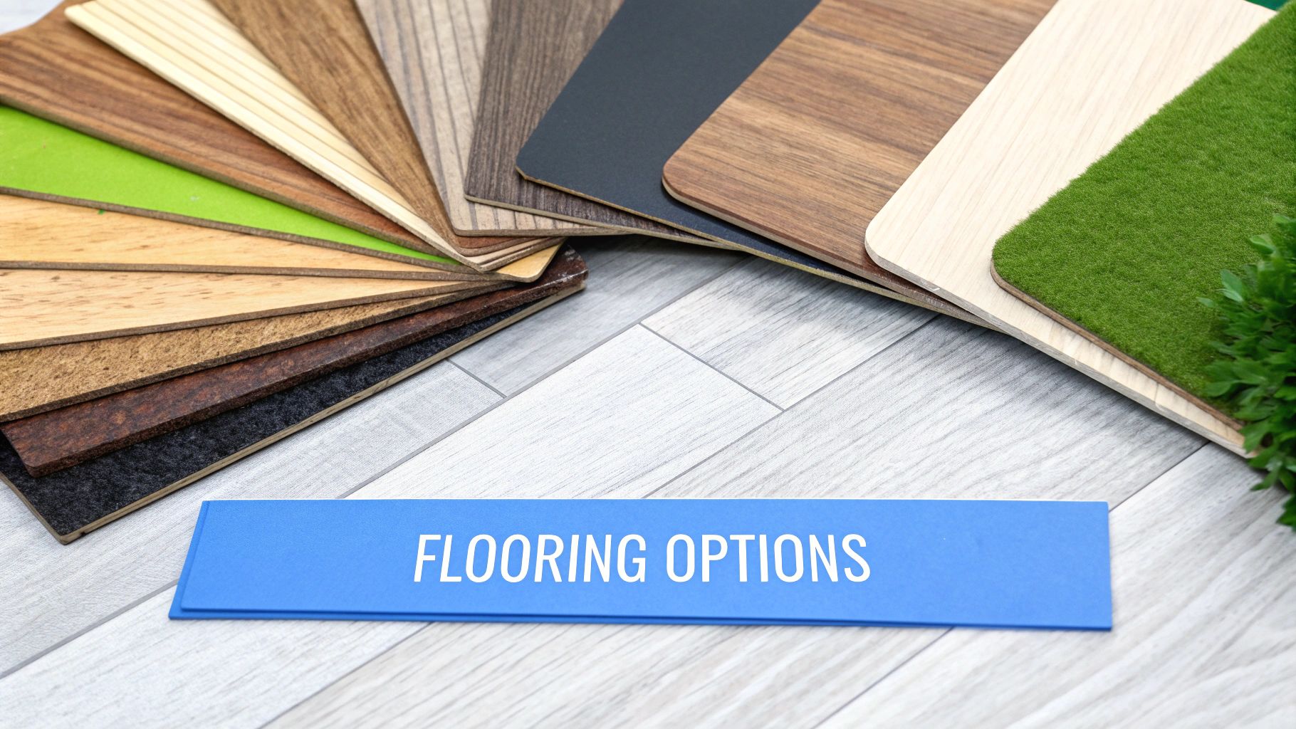 fifteen different flooring samples laying on top of a grey wood laminate floor with words on the image that says flooring options.