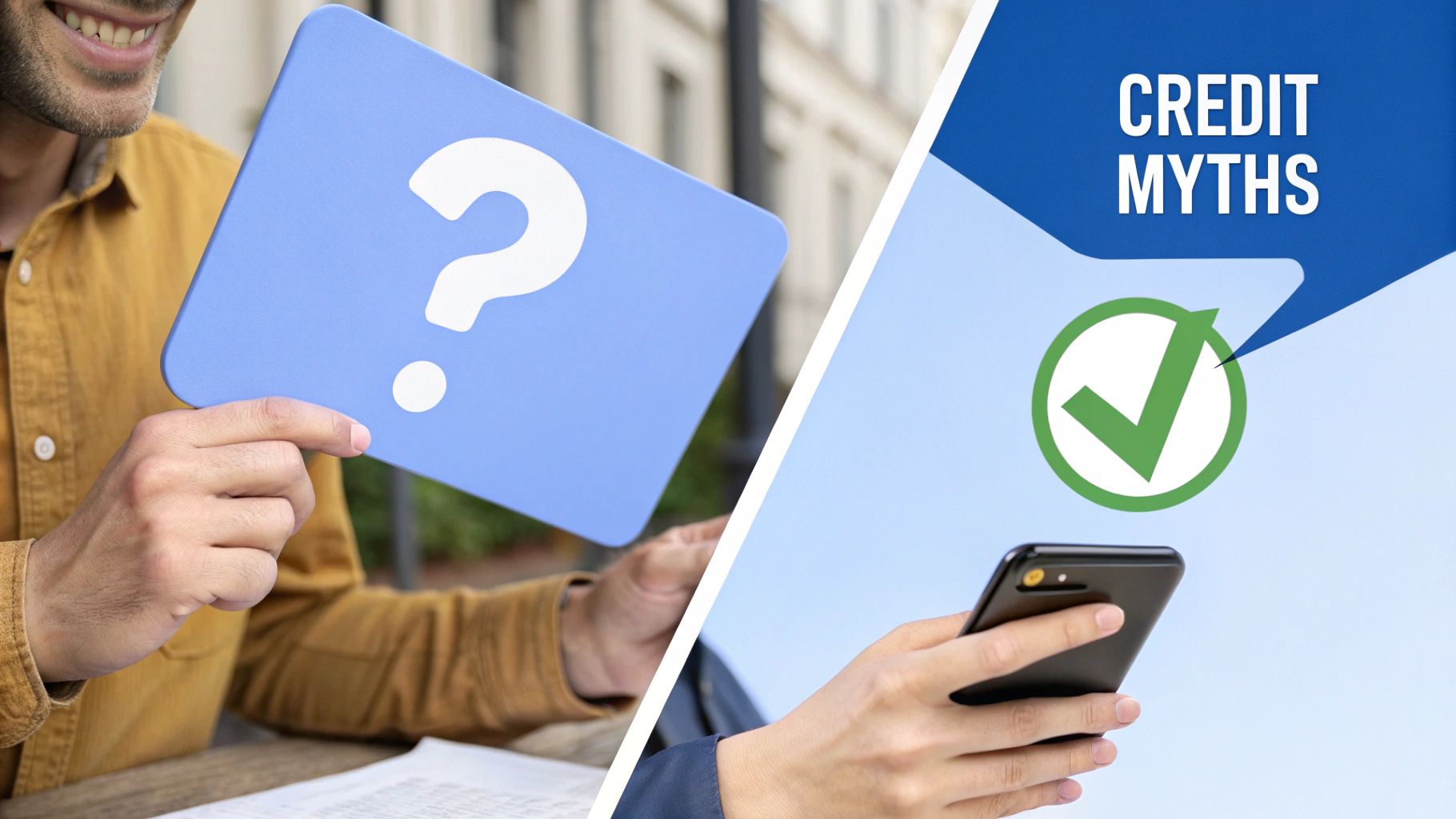 A person holding a blue rectangle that has a question mark on it and another person's hand holding a smart phone that has a green check mark with the words above it that say credit myths.
