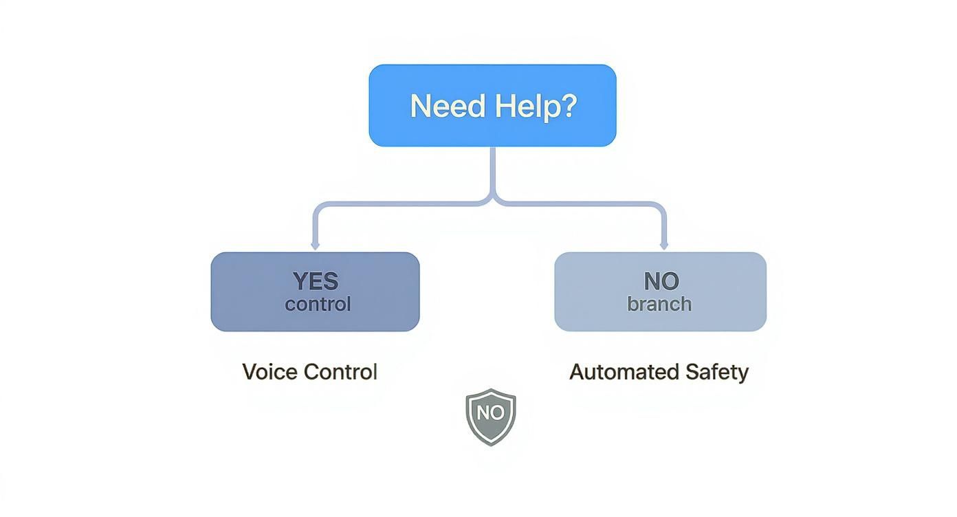 A flowchart asking 'Need Help?' branching to 'YES control' for 'Voice Control' and 'NO branch' for 'Automated Safety'.
