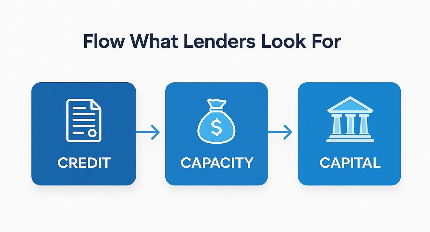 Infographic showing the mortgage pre-approval process with icons for Credit, Capacity, and Capital.